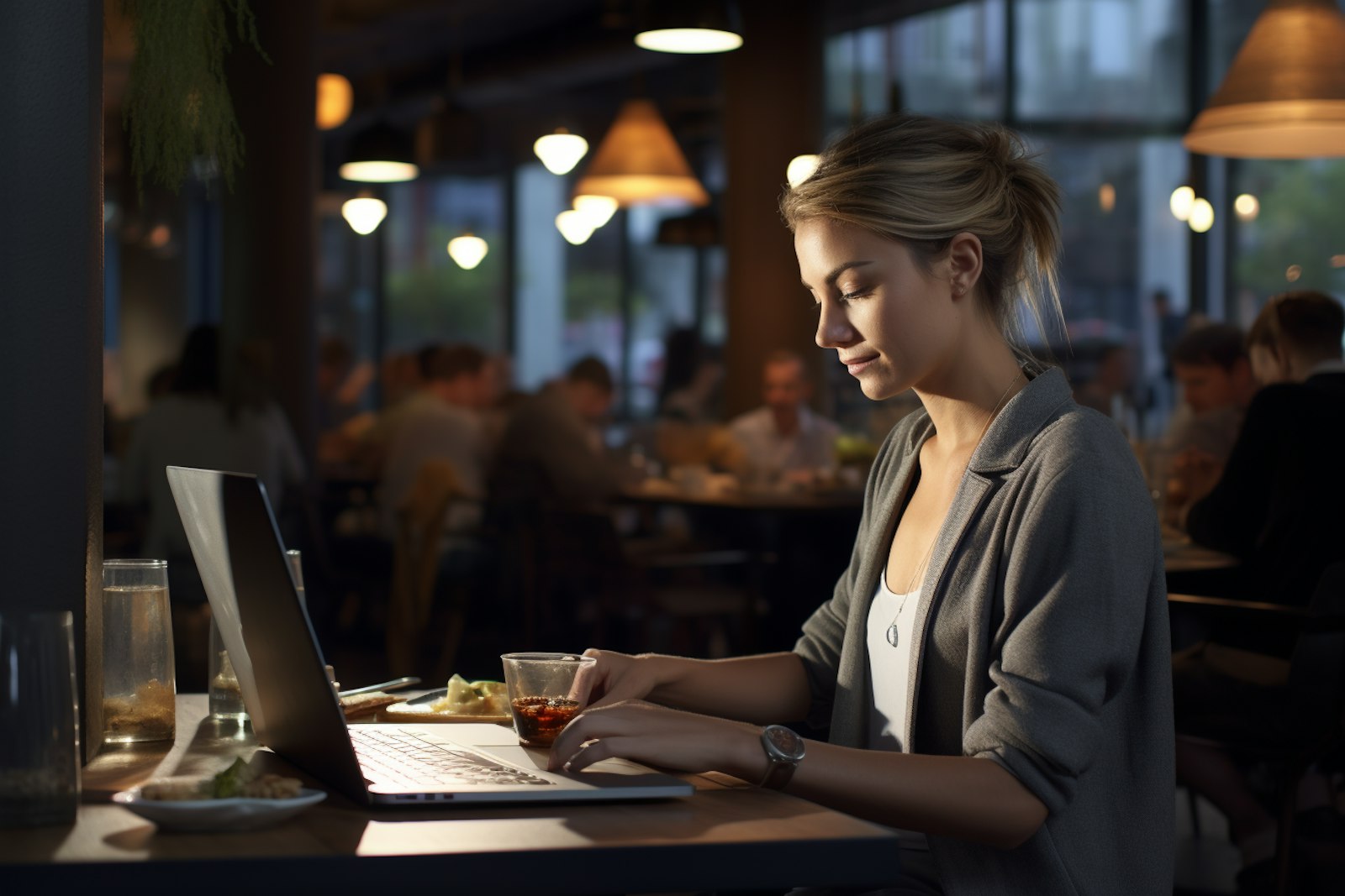 Young woman working on a laptop in a cozy cafe, surrounded by warm lighting and a bustling background.